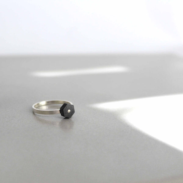 Hematite hexagon ring - by BAARA, Handmade jewelry, silver ring, hexagon ring, hematite ring