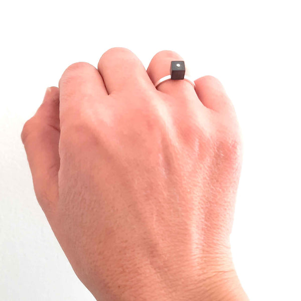 Square hematite ring on a silver band - by BAARA. Minimalist ring, silver ring, black ring
