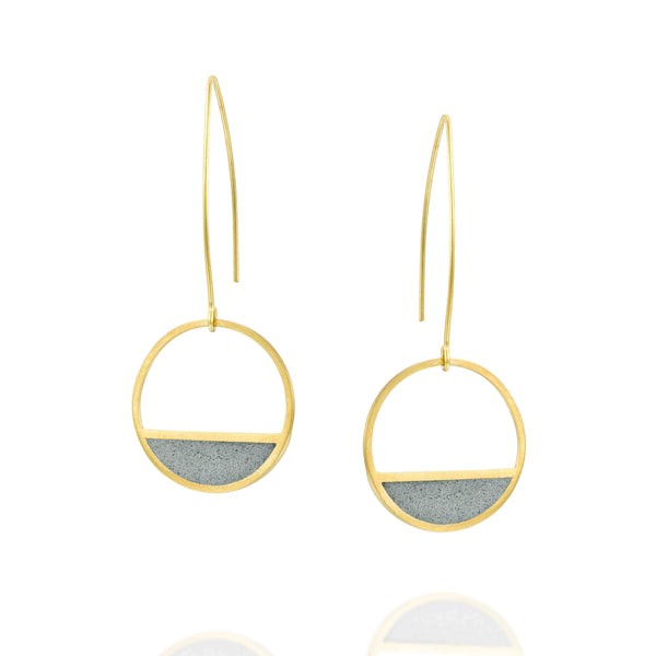 Balance Concrete Earrings in Gold, by BAARA. Long Dangle Circular Gold Earrings. Handmade Earrings, Geometric Minimalist Earrings, Cement and Gold, Gift for Architect