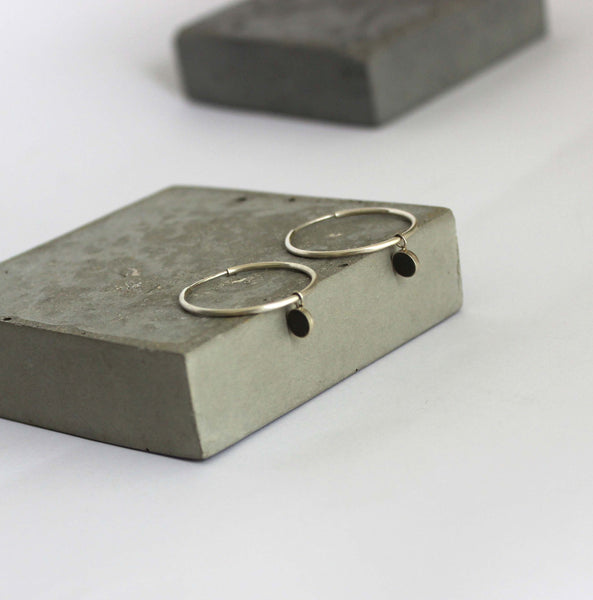 concrete and silver earrings, Silver hoop earrings with circle charm, BAARA Jewelry