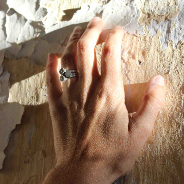 Set of three hexagon rings stacked - BAARA, Handmade jewelry, silver ring, hexagon ring, hematite ring