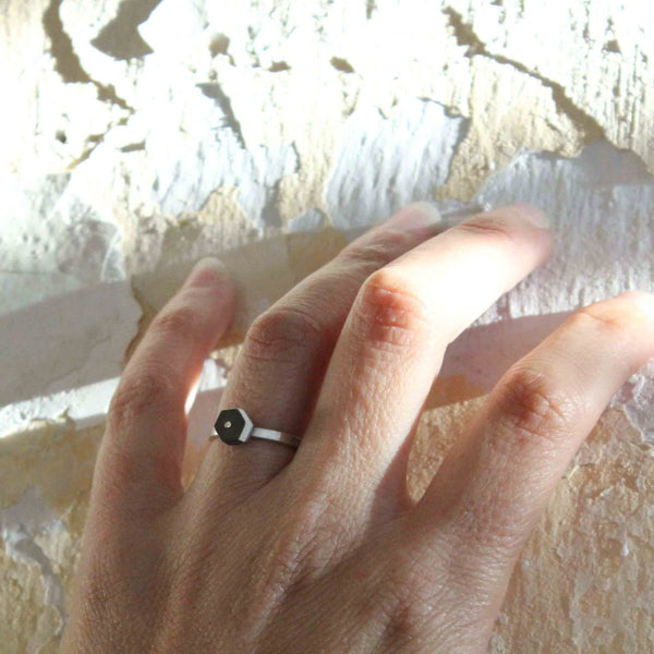 Hematite hexagon ring - by BAARA, Handmade jewelry, silver ring, hexagon ring, hematite ring