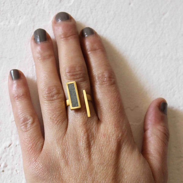 Rectangles Adjustable God and Concrete Ring, gift for architect, concrete jewelry, statement ring