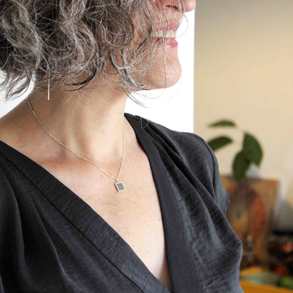 Square concrete pendant necklace, by BAARA. Silver square necklace, square concrete necklace