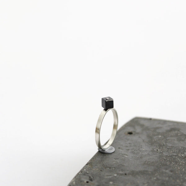Square hematite ring, BAARA Jewelry. Handmade ring, minimalist ring, black ring, silver ring for women, stacking ring