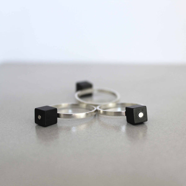 Three square hematite ring on a silver band - by BAARA. Minimalist ring, silver ring, black ring