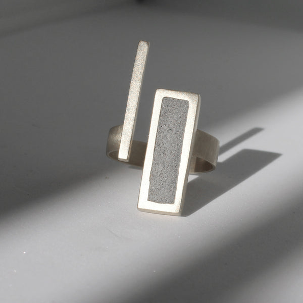 Rectnagles Adjustable Concrete Ring, by BAARA Jewelry, Silver and Concrete, Adjustable Cement Ring, Statement Ring, Geometric Ring, Rectangle Ring, Minimal Ring, Minimalist Big Ring