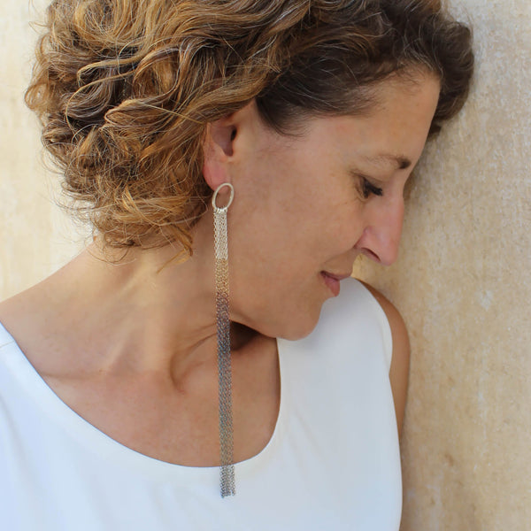 Single Long Earring, by BAARA Jewelry, Colored Earring, Dramatic Earring, Lightweight Long Earring, Single Earring, Oxideized Silver Earring