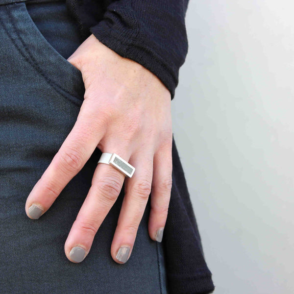 Signet concrete ring, by BAARA, bold ring, silver and concrete ring, ring for men, ring for women, minimal ring