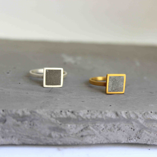 Square concrete ring by BAARA. Gold and concrete ring, Silver and concrete ring, handmade ring