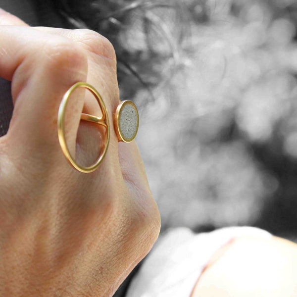 Circles Asymmetrical Concrete Ring, by BAARA, Statement Geometric Ring, Geometric Jewelry, Concrete Jewelry, Gold and Concrete Ring