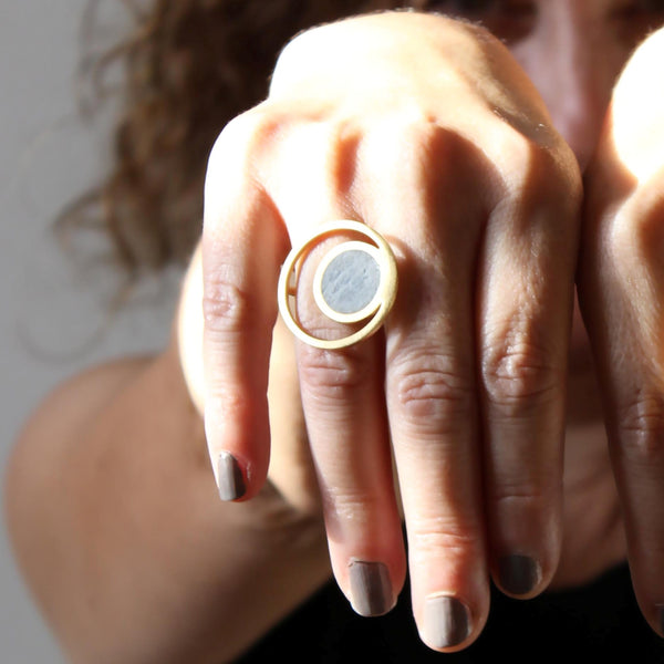 Gold Orbit Concrete Ring, by BAARA. Statement ring, Modern ring, Designer ring, 