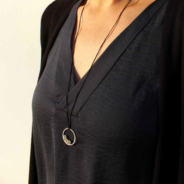 Leora Silver and Concrete Necklace, by BAARA Jewelry. Long Circle Necklace, Concrete Jewelry, Adjustable Necklace