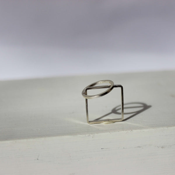 Off Side Circle on Square ring, Bauhaus ring, by BAARA. Geometric ring, Silver ring, Delicate ring