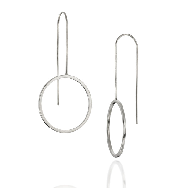 Minimalist Silver Circle Earrings, by BAARA Jewelry, Wire Circle Earrings, Long Drop Earrings, Geometric Minimal Long Silver Earrings, Handmade Earrings