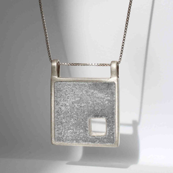 Peeckaboo Square Concrete Necklace, by BAARA, Geometric Jewelry, Necklace for women, Beton, Concrete Design, Unique Jewelry, Gift for Architect, Silver and Cement Necklace