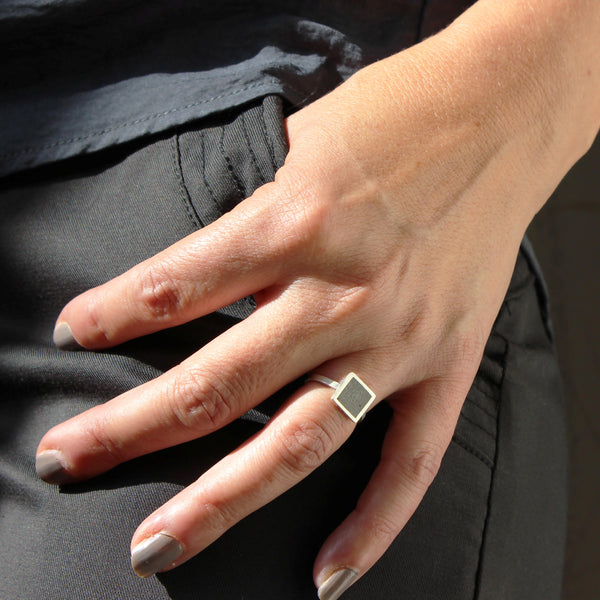 Square concrete ring, by BAARA, cement ring, silver ring, gift for architect