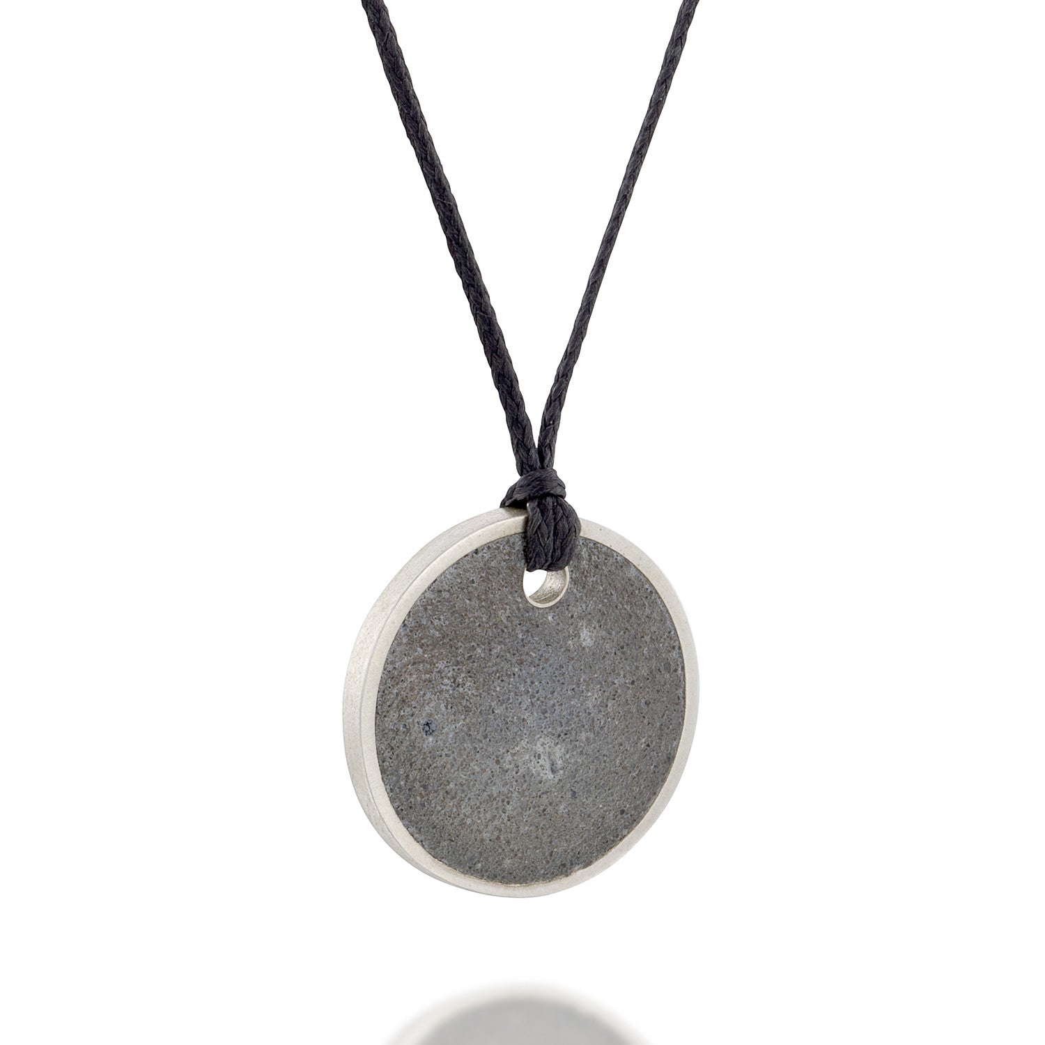 Unisex Silver and Concrete Necklace, by BAARA Jewelry. Unisex Circular Simple Pendant on a Black String