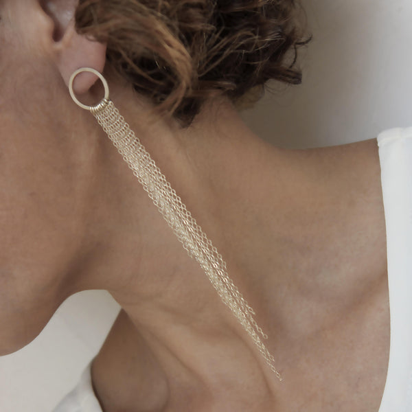 Silver Single Extra Long Fringe Earring