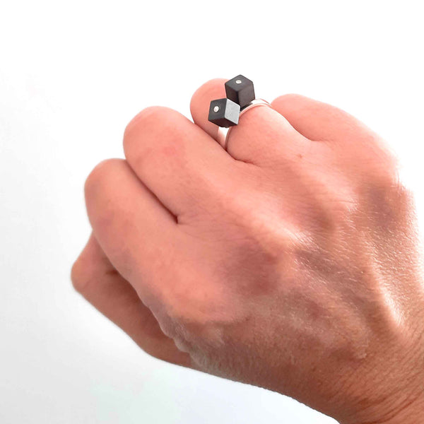 Set of two square hematite rings on a silver band - by BAARA. Minimalist ring, silver ring, black ring
