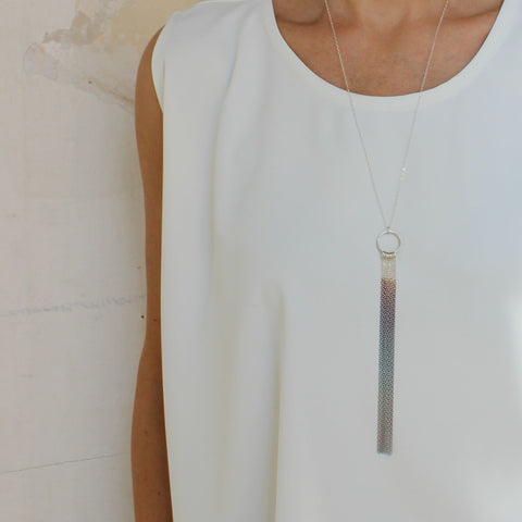 Long delicate fringe necklace, silver rainbow necklace, by BAARA Jewelry. Minimalist handmade long necklace