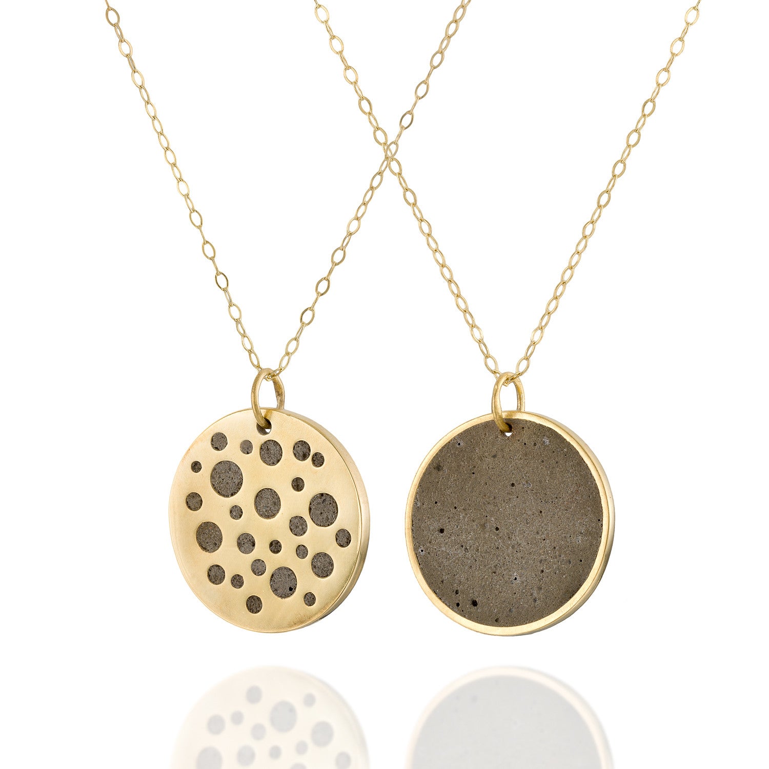 Double Sided Minimalist Concrete Circles Necklace, by BAARA Jewelry. Gold and Cement Handmade, Unique Jewelry. Perfect gift for Stylish Girls and Women. Gold Plated Brass and Beton Jewelry