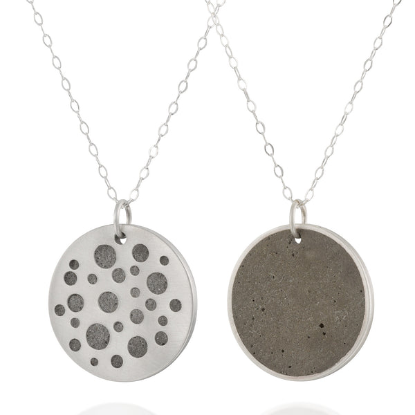 Double Sided Minimalist Concrete Circles Necklace, by BAARA Jewelry. Silver and Cement Handmade Necklace