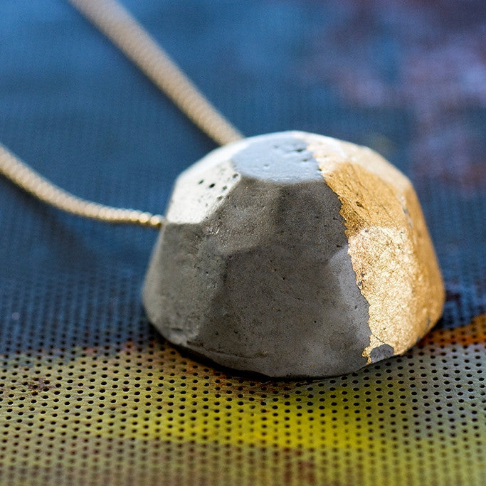 Concrete Gem Necklace by BAARA Jewelry, on a delicate goldfield chain, Contemporry Design, Urban Chic, One of a kind, Guilded Cement Handmade Pendant