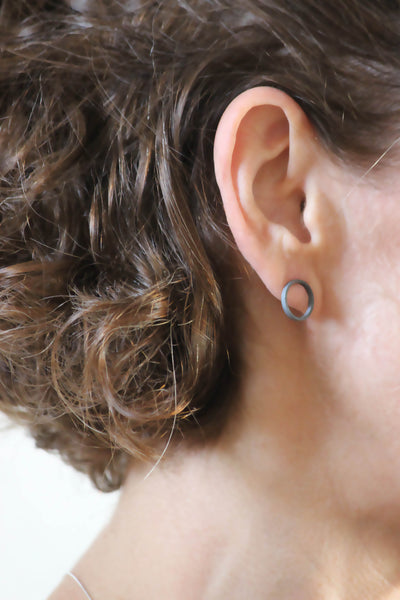 Minimalist Black Small Circle Stud Earrings, by BAARA Jewelry. Black Jewelry, Minimalist, Simple, Silver