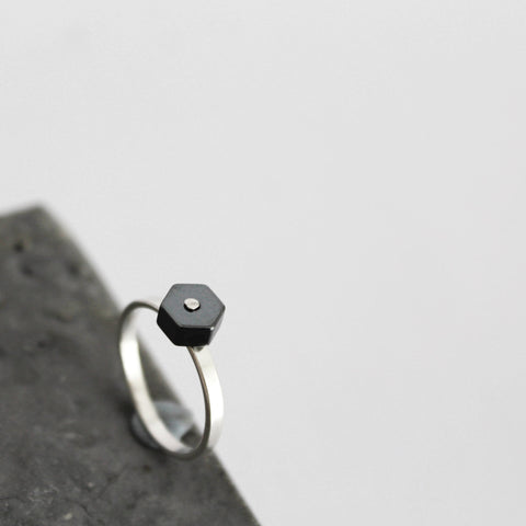 Hematite hexagon ring - by BAARA, Handmade jewelry, silver ring, hexagon ring, hematite ring