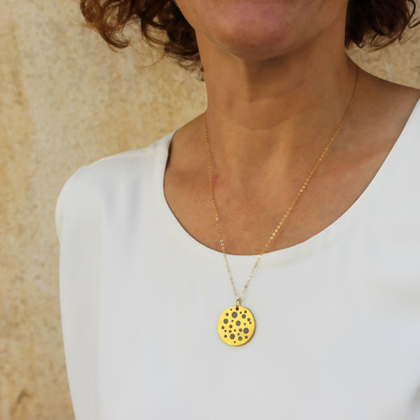 Double Sided Circles Concrete Necklae in Gold, By BAARA Jewelry, Gold and Concrete, Minimal Pendant, Constelation Necklace, Two in one Necklace, Handmade Jewelry, Concrete Jewelry