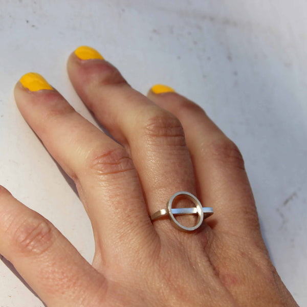 Circle on square ring - handmade in silver - by BAARA, minimal ring, delicate ring, bauhaus ring