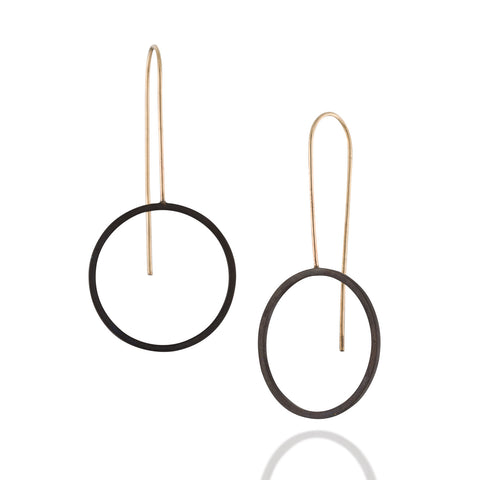 Minimalist Long Black and Gold Circle Earrings, Black Jewelry, Geometric Earrings, Goldfield