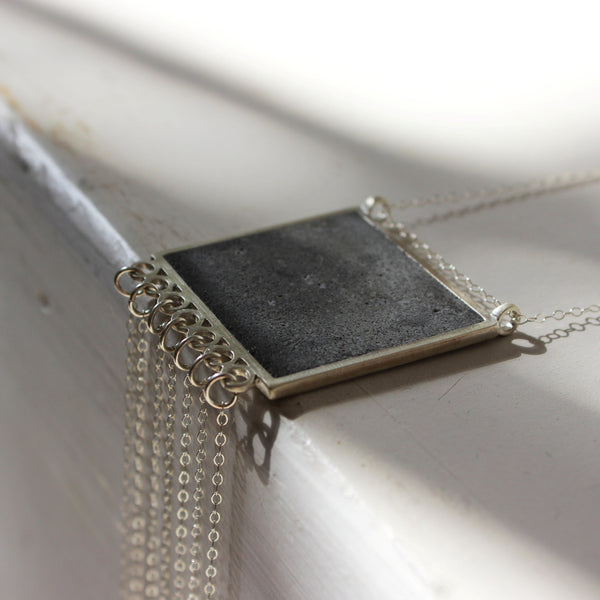 Square Fringe Concrete Necklace, by BAARA Jewelry. Elegant Necklace, Cement Statement Pendant, Silver and Concrete, Concrete Design, Designer Jewelry, Special Necklace, On of a Kind Jewelry, Statement Necklace, Tassels, Fringe Necklace, Handmade Jewelry