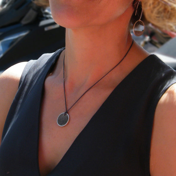 Unisex Concrete Necklace, by BAARA Jewelry. Unisex Circular Simple Pendant on a Black String, Handmade Designer Jewelry, Cement Pendant