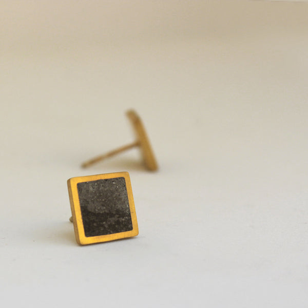 Unisex Concrete Earrings, Square Concrete Studs, Minimal Unisex Gold Earrings, by BAARA Jewelry, Handmade Unisex Studs, Gold and Concrete Studs